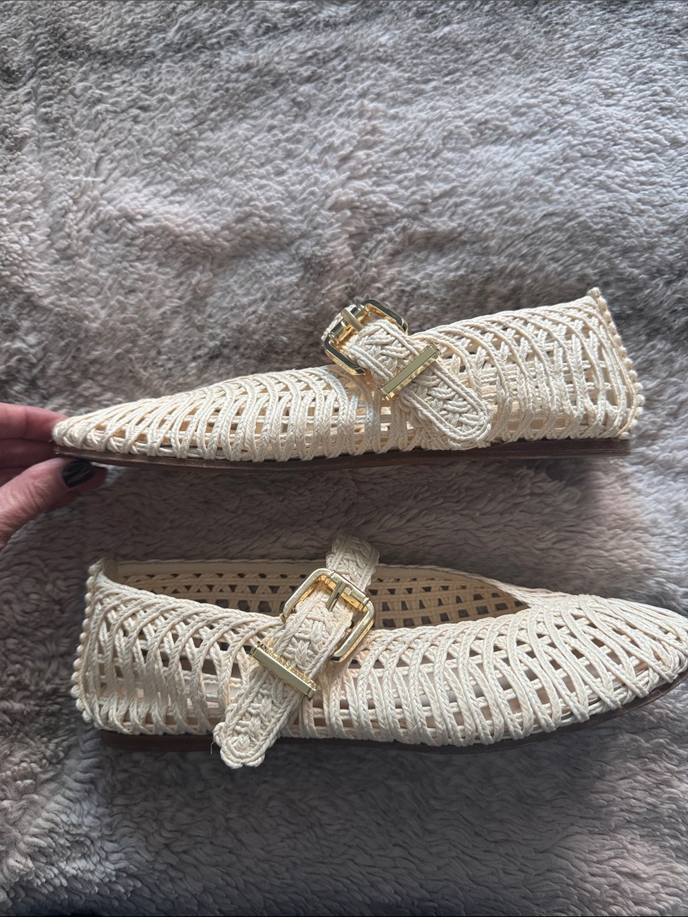Zimmermann Cream Woven Mary Jane Flats with Gold Buckle - Picture 2 of 3